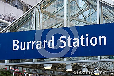 Close up View of sign `Burrard Station` in Downtown Vancouver. Editorial Stock Photo