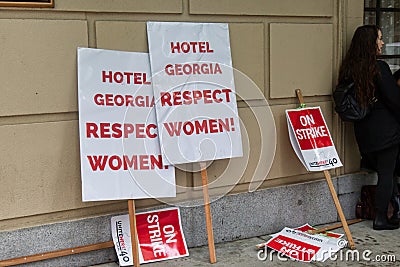 A View of signs `Respect Women`on West Georgia Street in front of Georgia Hotel. Editorial Stock Photo