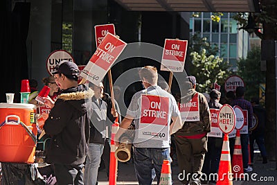 Striking hotel workers block sidewalk in downtown Vancouver Editorial Stock Photo