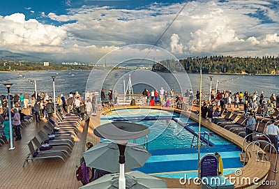 Vancouver, Canada - September 12, 2018: Cruise ship passengers on The Volendam. Editorial Stock Photo