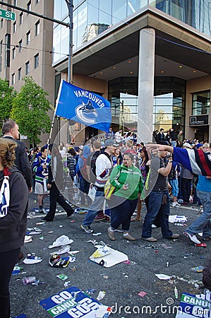 Vancouver Canucks hockey fans in downtown Vancouver Editorial Stock Photo