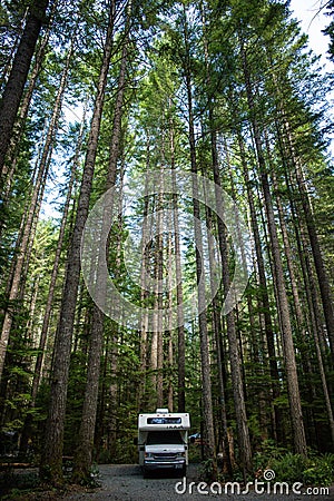 Vancouver Island, Canada, 20 august, 2019 // :Old Tioga caravan parked in a camping area in typical British Columbia camping Editorial Stock Photo