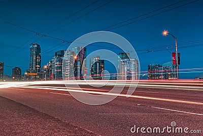 Vancouver, MAY 05 2019: Downtown Vancouver BC, Canada. Long exposure from Granville bridge Buildings in background Editorial Stock Photo