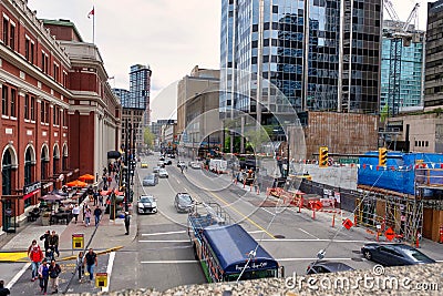 VANCOUVER - MAY 06 2019: Downtown Vancouver, Canada. A view from above across the street with a bus, police car Editorial Stock Photo