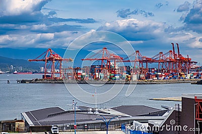 VANCOUVER - MAY 06 2019: Downtown Vancouver, Canada. view from above to many containers in the port, Vancouver BC Editorial Stock Photo