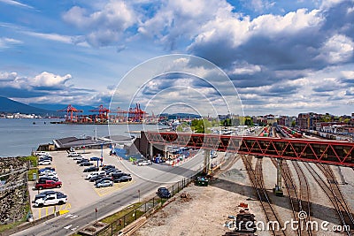VANCOUVER - MAY 06 2019: Downtown Vancouver, Canada. view from above to many containers in the port, Vancouver BC Editorial Stock Photo