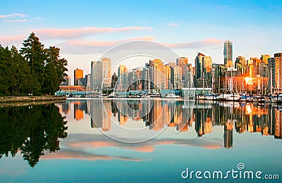 Vancouver skyline with Stanley Park at sunset, British Columbia, Canada Stock Photo