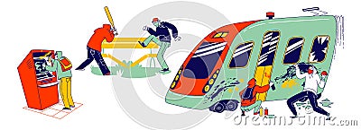 Vandalism and Anger Concept. Teenagers Characters Graffiti Painting on Metro Train, Breaking Bench in Park Vector Illustration