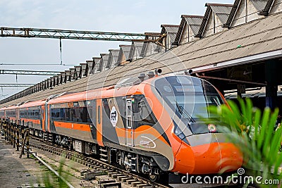 Vande Bharat Express standing at a Junction Railway Station of Indian Railways system in Howrah Editorial Stock Photo