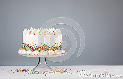 White Buttercream Birthday Cake with Sprinkles Stock Photo