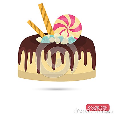 Vanilla cake decorated with sweets color flat icon Vector Illustration