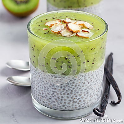 Vanilla chia pudding with kiwi, layered dessert, on concrete background, square format, closeup Stock Photo