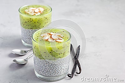 Vanilla chia pudding with kiwi, layered dessert, copy space Stock Photo