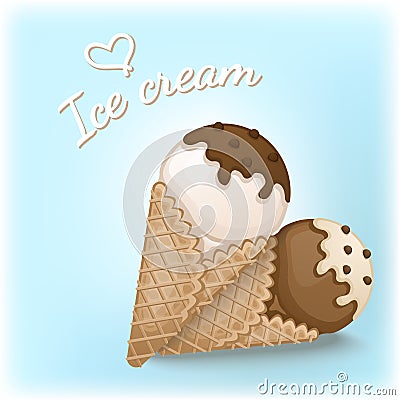 Vanilla and chocolate ice cream with chocolate and cream topping in a waffle cones. Vector Illustration