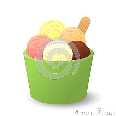 Vanilla, chocolate and strawberry ice cream in a bucket. Vector Illustration