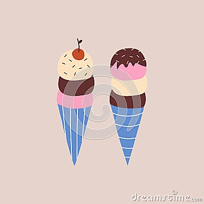 Vanilla chocolate and strawberry ice cream in a waffle cone with cherry vector illustration. Isolated sweets for kids. Vector Illustration