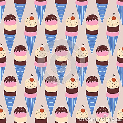 Vanilla chocolate and strawberry ice cream in a waffle cone with cherry vector illustration. Sweets seamless pattern for kids. Vector Illustration