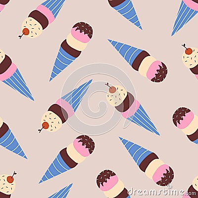 Vanilla chocolate and strawberry ice cream in a waffle cone vector illustration. Cute sweets seamless pattern for kids. Vector Illustration