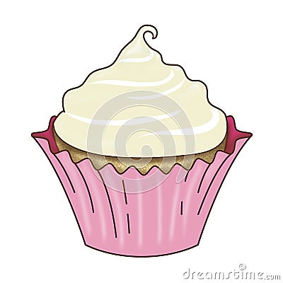 Vanilla Cupcake and Icing Pink Wrapper Cartoon Illustration