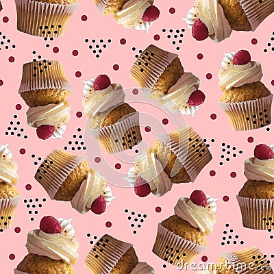 Vanilla Cupcake in paper cup with frosting and fresh raspberry pattern on pink background random dots Stock Photo