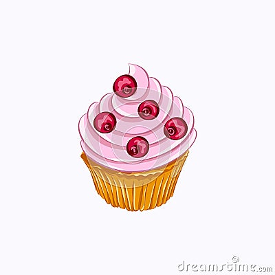 Vanilla cupcake with red berry whipped cream Vector Illustration