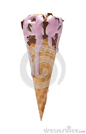 Vanilla flavor ice cream cone melting on white Stock Photo