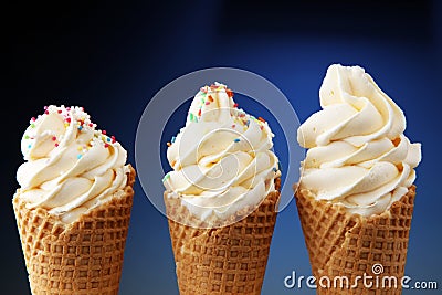 Vanilla frozen yogurt or soft ice cream in waffle cone. Stock Photo