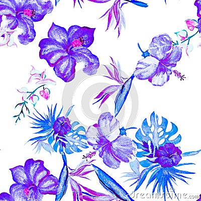 Vanilla Hibiscus Foliage. Pink Flower Palm. Green Seamless Leaves. Indigo Watercolor Painting. Lavender Pattern Palm. Purple Tro Stock Photo