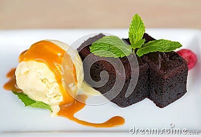 Vanilla Ice Cream with Brownie Dessert Stock Photo