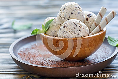 Vanilla ice cream with chocolate crumb. Stock Photo