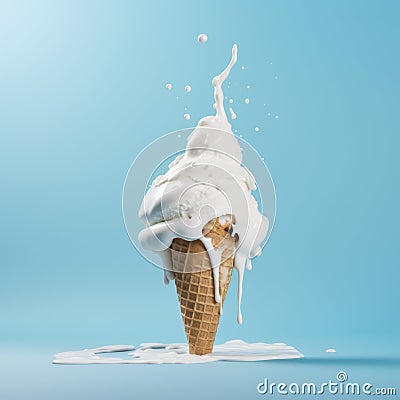 Vanilla ice cream in cone on blue background, created using generative ai technology Stock Photo
