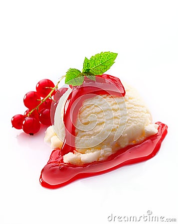 Vanilla ice-cream and redcurrant syrup Stock Photo