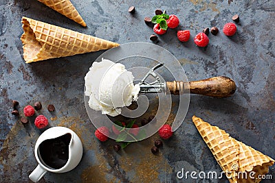 Vanilla ice cream scoop in a spoon Stock Photo