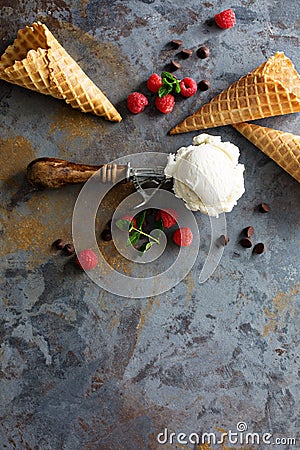 Vanilla ice cream scoop in a spoon Stock Photo