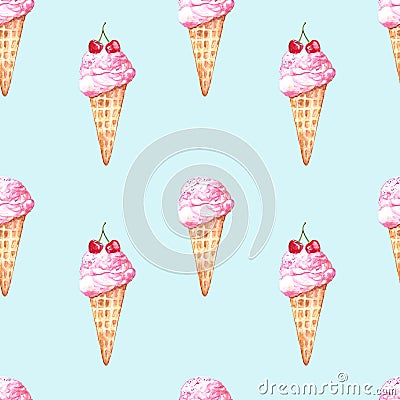 Watercolor vanilla ice cream seamless pattern with red cherry. Cold summer dessert art print with pastel blue background Cartoon Illustration