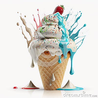 Vanilla ice cream with syrup in melting cone Cartoon Illustration