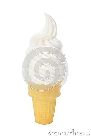 Vanilla Soft Serve Ice Cream in Wafer Cone on White Background Stock Photo