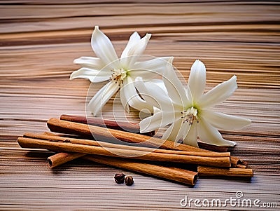 Vanilla sticks and flower on wooden background. Generative AI Stock Photo