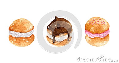 Vanilla, strawberry and chocolate profiteroles with custard Cartoon Illustration