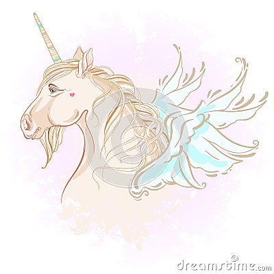 Vanilla style pretty unicorn with with wings in pastel colors. Watercolor pink background. Stock vector illustration. Vector Illustration