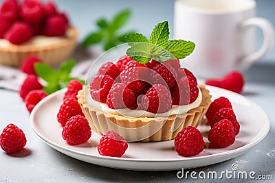 Vanilla tartlets with raspberries and mints on light background Stock Photo