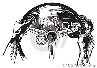 Vanishing Point, Freehand Sketching, Vector - Muscle Car Interio Vector Illustration