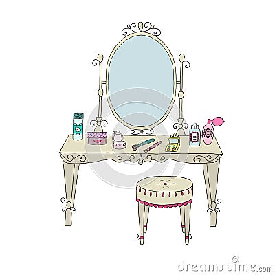 Vanity table with makeup and a chair. Vector Illustration