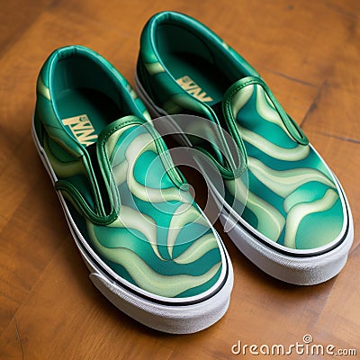 Vans Slip Ons With Green And White Swirls - Anamorphic Art Style Stock Photo