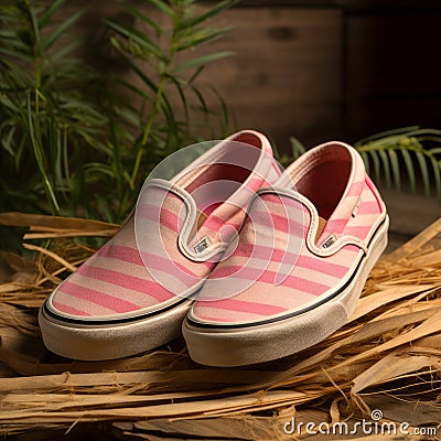 Vans Slip On Pink Striped Slippers - Artistic And Sustainable Footwear Stock Photo