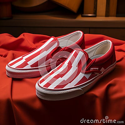 Vans Slip On Red And White: A Stylish Fusion Of Daan Roosegaarde, Barnett Newman, And Classic Americana Stock Photo