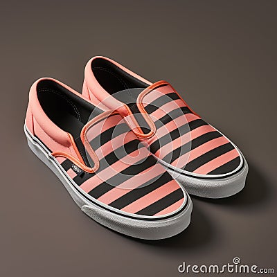 Vans Slip On Shoes: Black And Orange Striped Pattern, Photorealistic Still Life Style Stock Photo