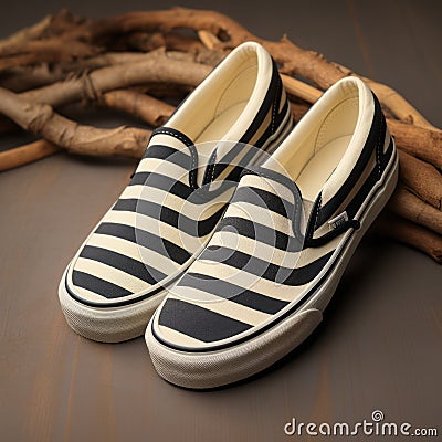 Vans Slip-on W Stripe: Nautical Surrealism On Wood Floors Stock Photo