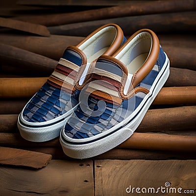 Vans Slip On Woven Shoe Collection: Indigo And Bronze Style Stock Photo