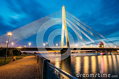 Vansu Bridge In Riga, Latvia. Shroud Bridge. Cable-Stayed Bridge Stock Photo